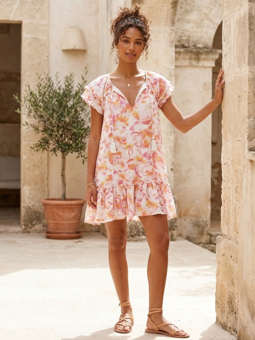 Elan Pink Yellow Floral Ruffle Mini Dress
